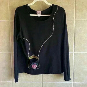 Pink Poodle Women’s Knit Beaded Long Sleeve Sweater Floral Purse Detail XL Black